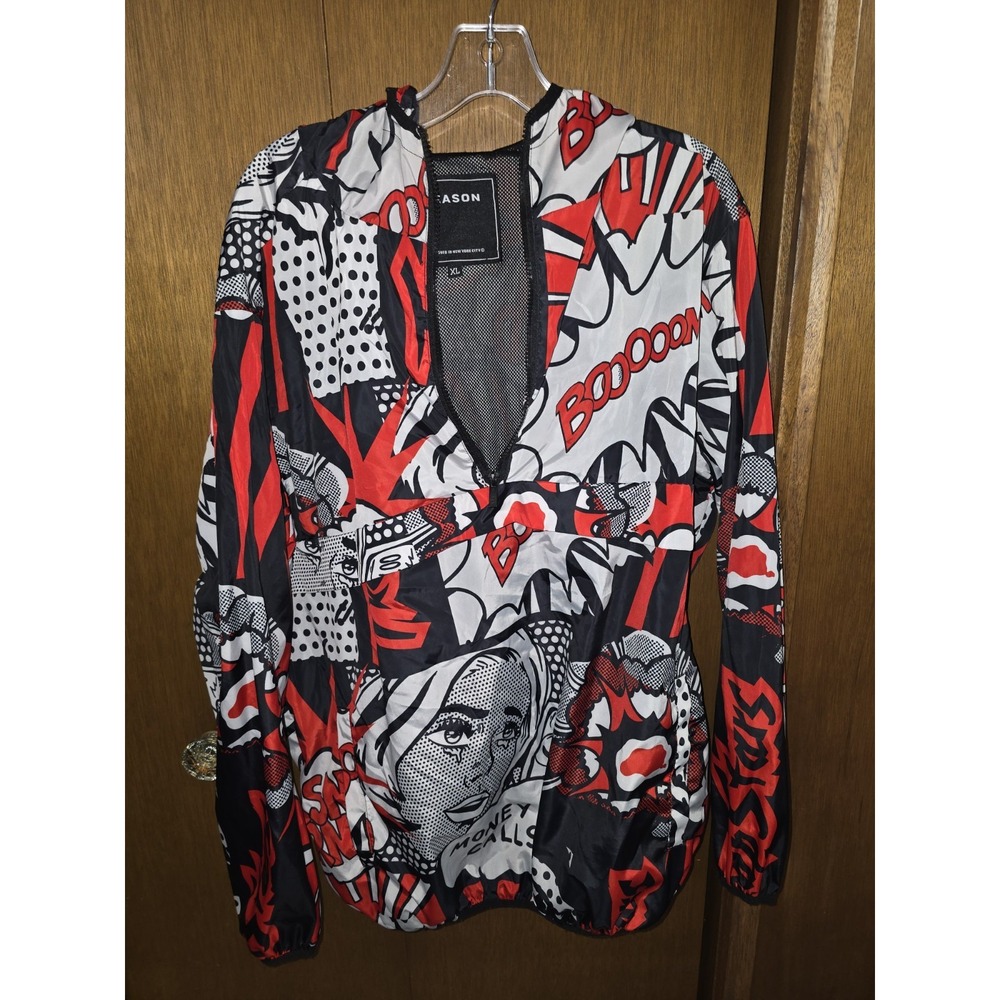 Reason‎ Anorak Windbreaker Comic Graphics Red Black And White. Xl